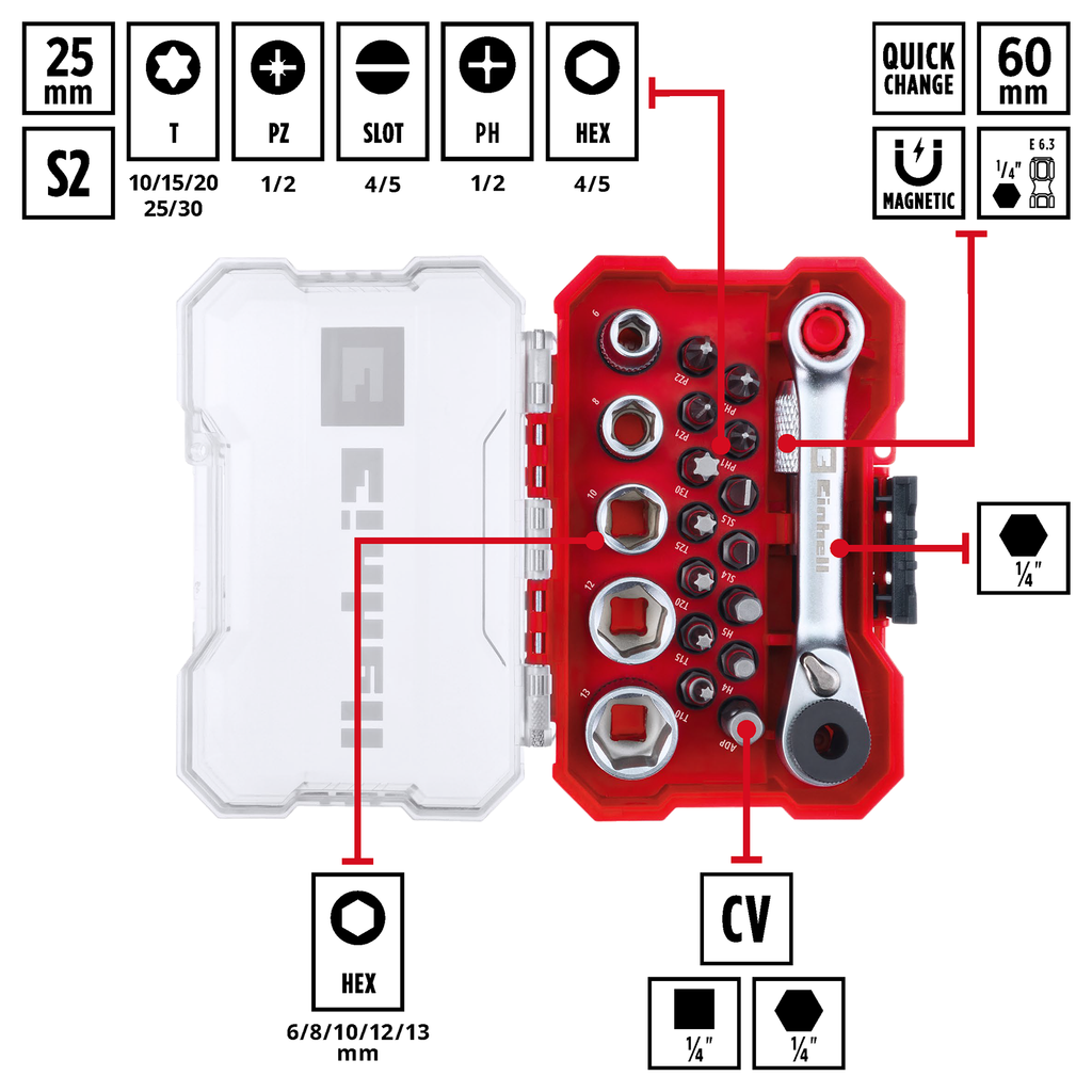 Einhell XS-CASE 21-tlg. Bit- und Steckschlüssel-Set