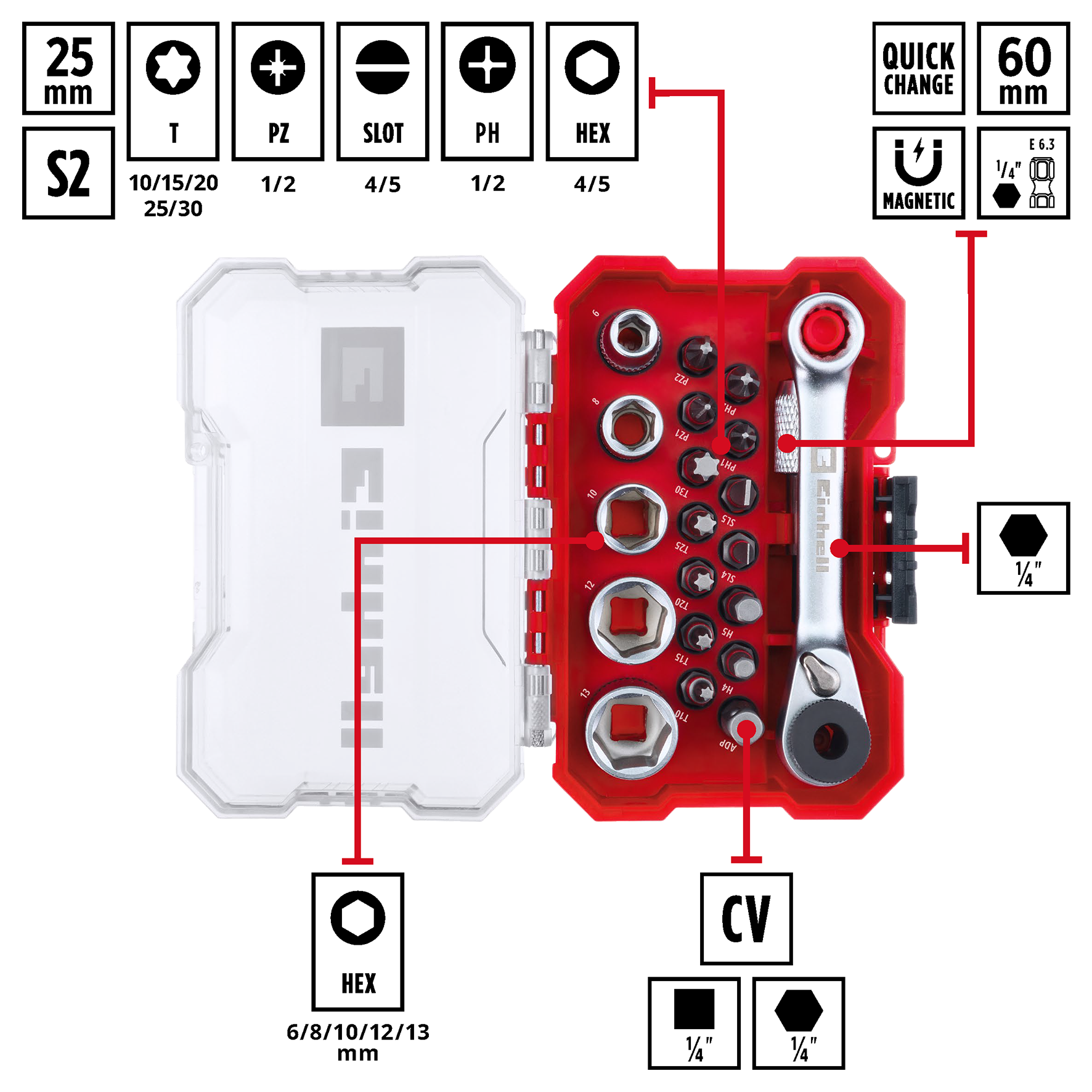Einhell XS-CASE 21-tlg. Bit- und Steckschlüssel-Set