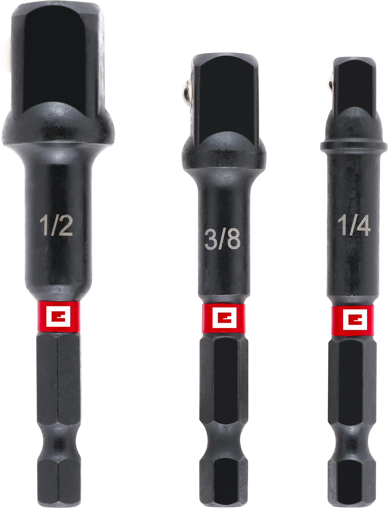 Impact-Steckschlüssel-Adapter mit 1/4" E 6.3 Schaft, 3-tlg., 65 / 72 mm, 1/4“ / 3/8“ / 1/2“
