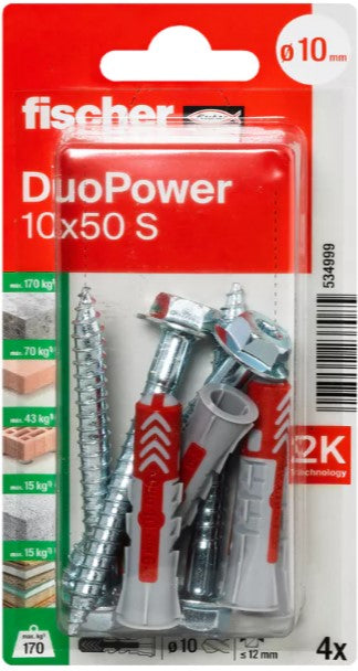 4 Dübel + Schrauben Duopower 10 x 50 mm