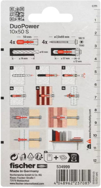 4 Dübel + Schrauben Duopower 10 x 50 mm