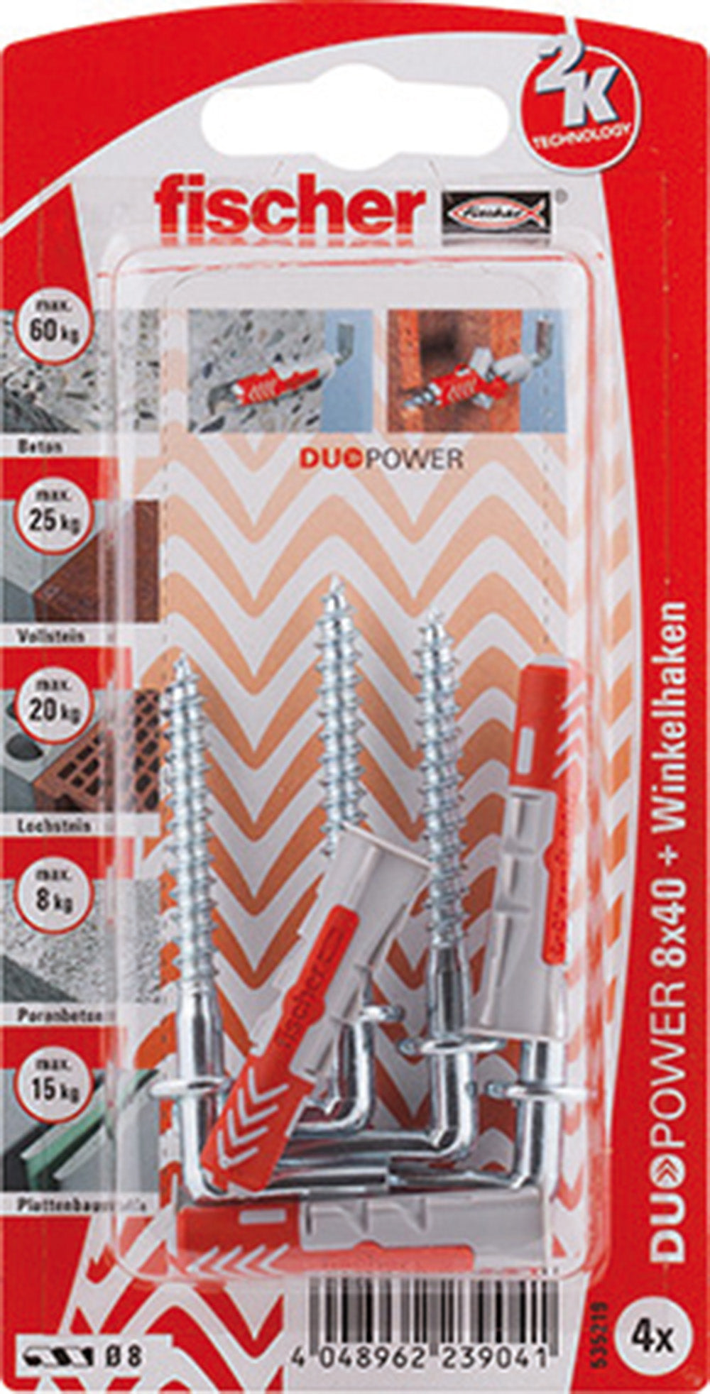 4 Dübel + Winkelhaken Duopower 8 x 40 mm
