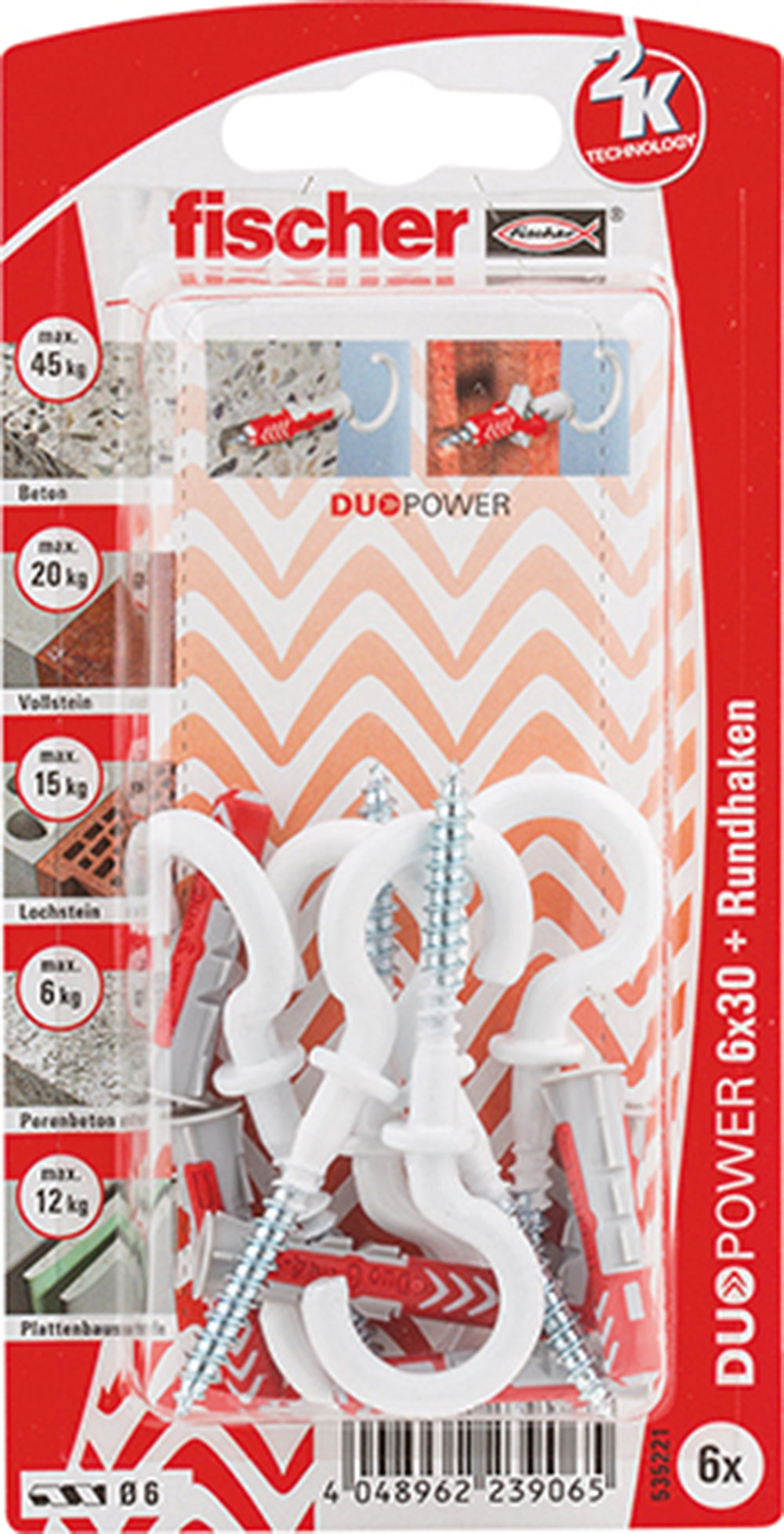 6 Dübel + Rundhaken Duopower 6 x 30 mm
