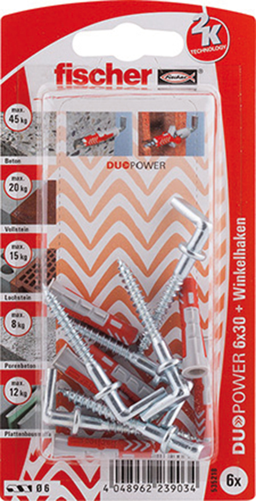 6 Dübel + Winkelhaken Duopower 6 x 30 mm