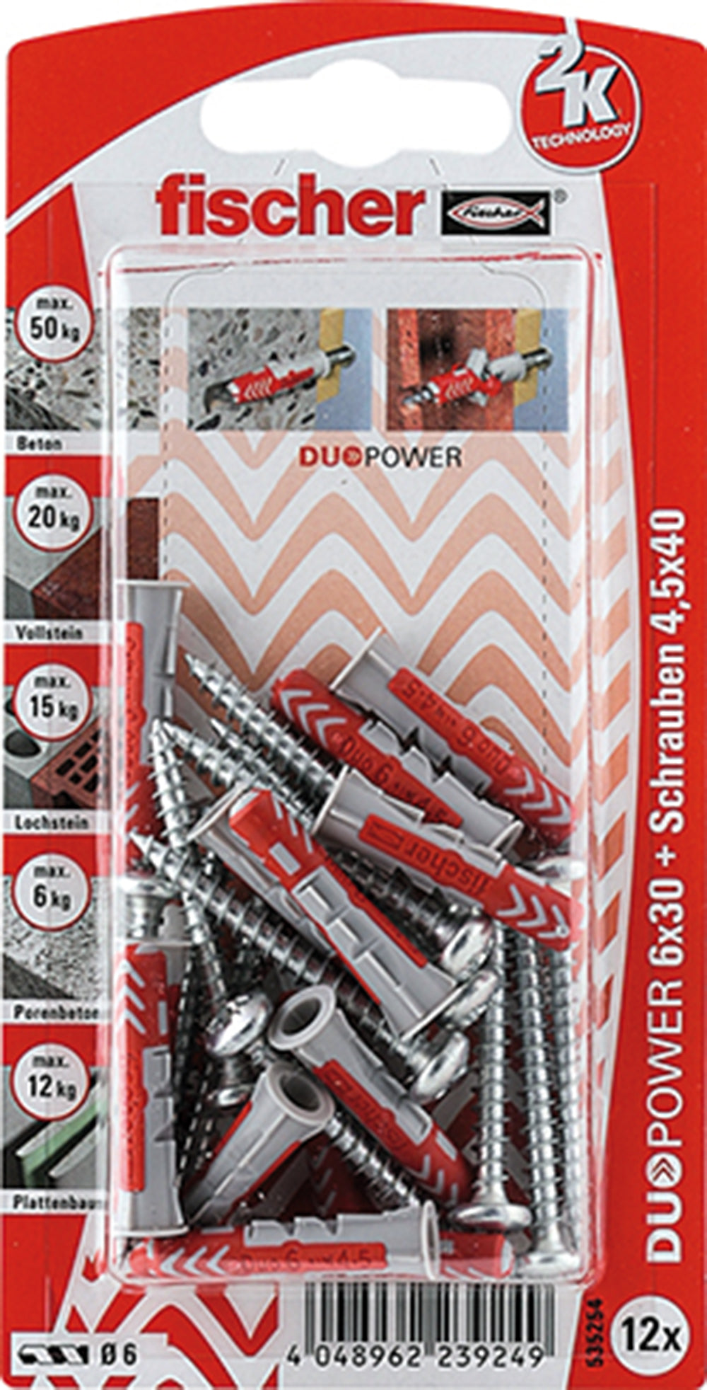 12 Dübel + Panhead-Schrauben Duopower 6 x 30 mm
