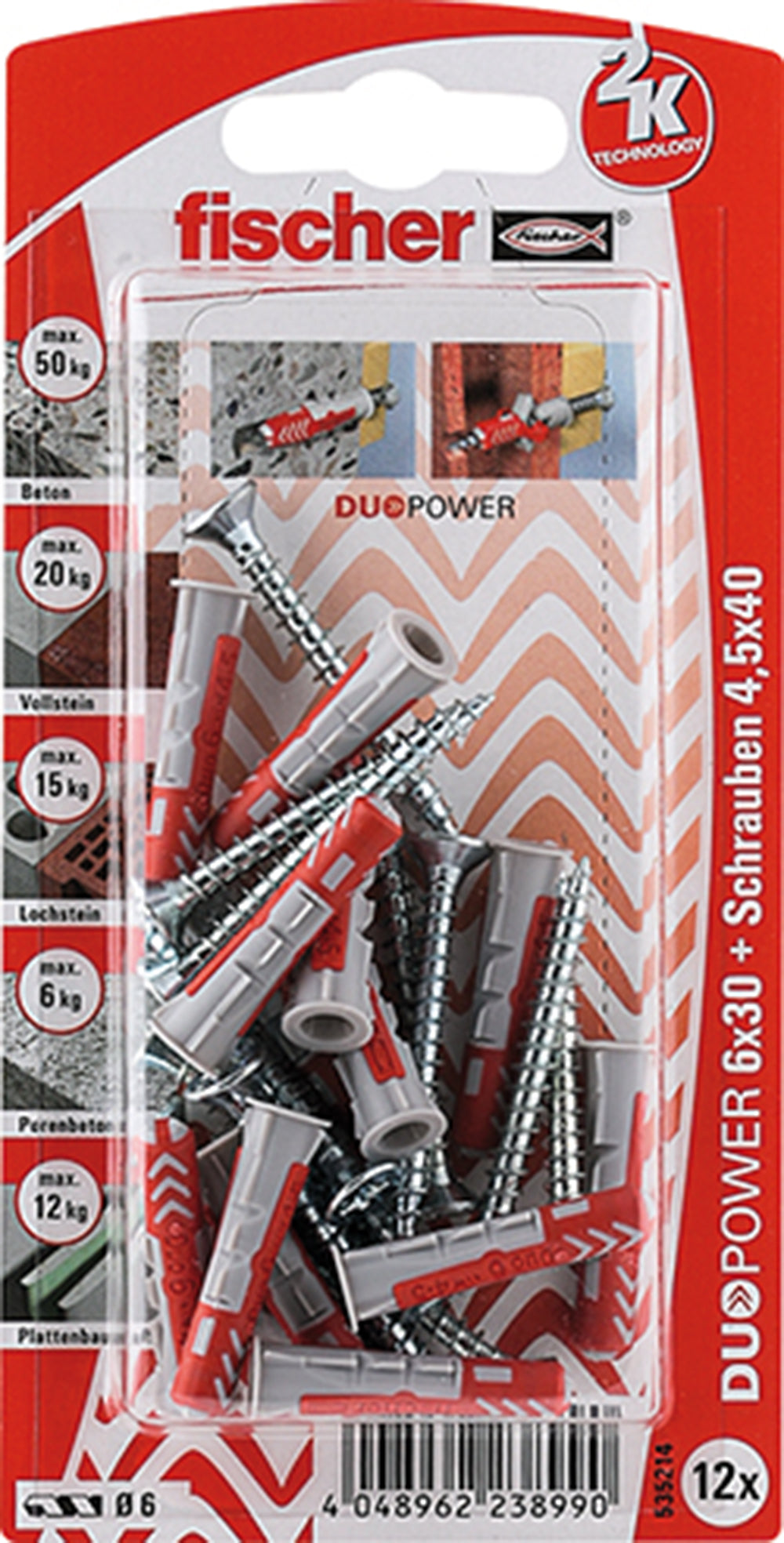12 Dübel + Schrauben Duopower 6 x 30 mm