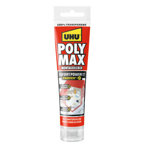 UHU POLY MAX Montagekleber 10 SEK SOFORT POWER transparent, Tube 115g