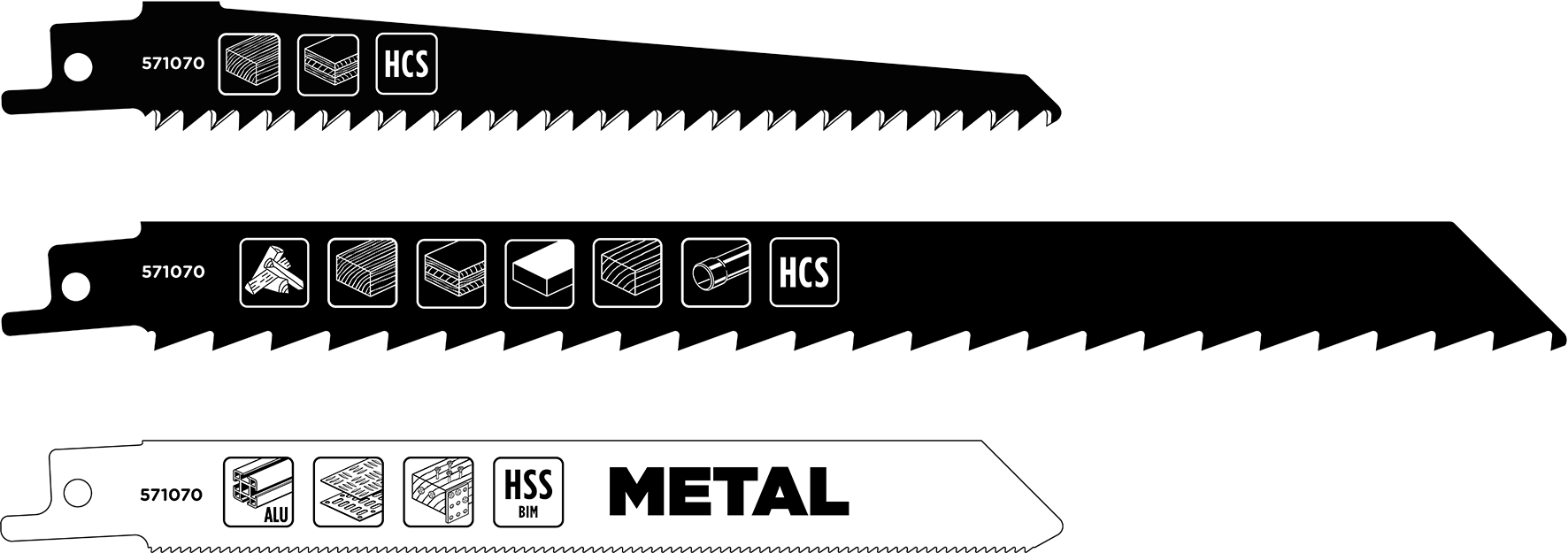 Säbelsägeblätter-Set, 3-tlg., HCS / HSS-Bi-Metall, Holz und Metall