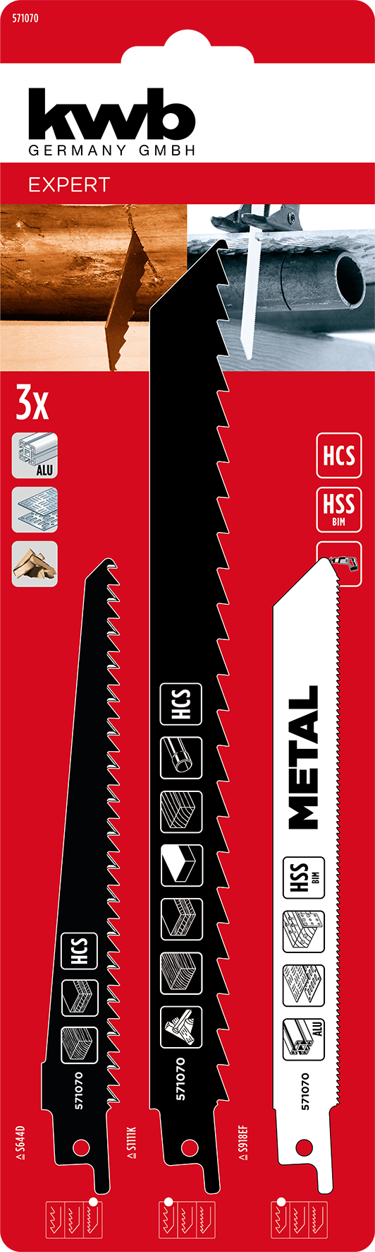 Säbelsägeblätter-Set, 3-tlg., HCS / HSS-Bi-Metall, Holz und Metall