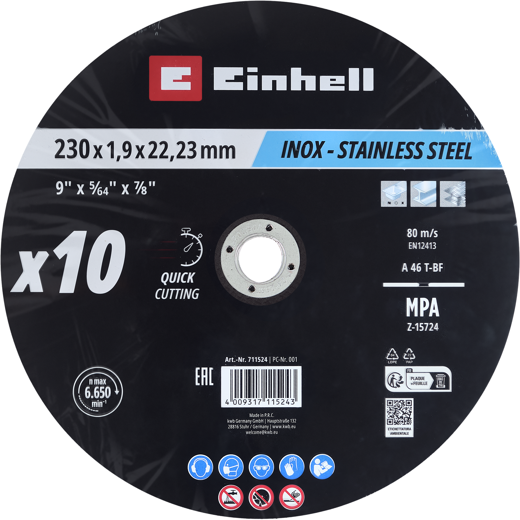 10 Inox-Gewebetrennscheiben für Metall, gerade, extra dünn, Ø 230 x 2 mm