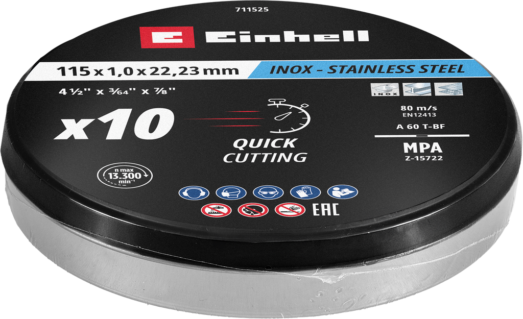 10 Inox-Gewebetrennscheiben für Metall, gerade, extra dünn, in Dose, Ø 115 x 1 mm