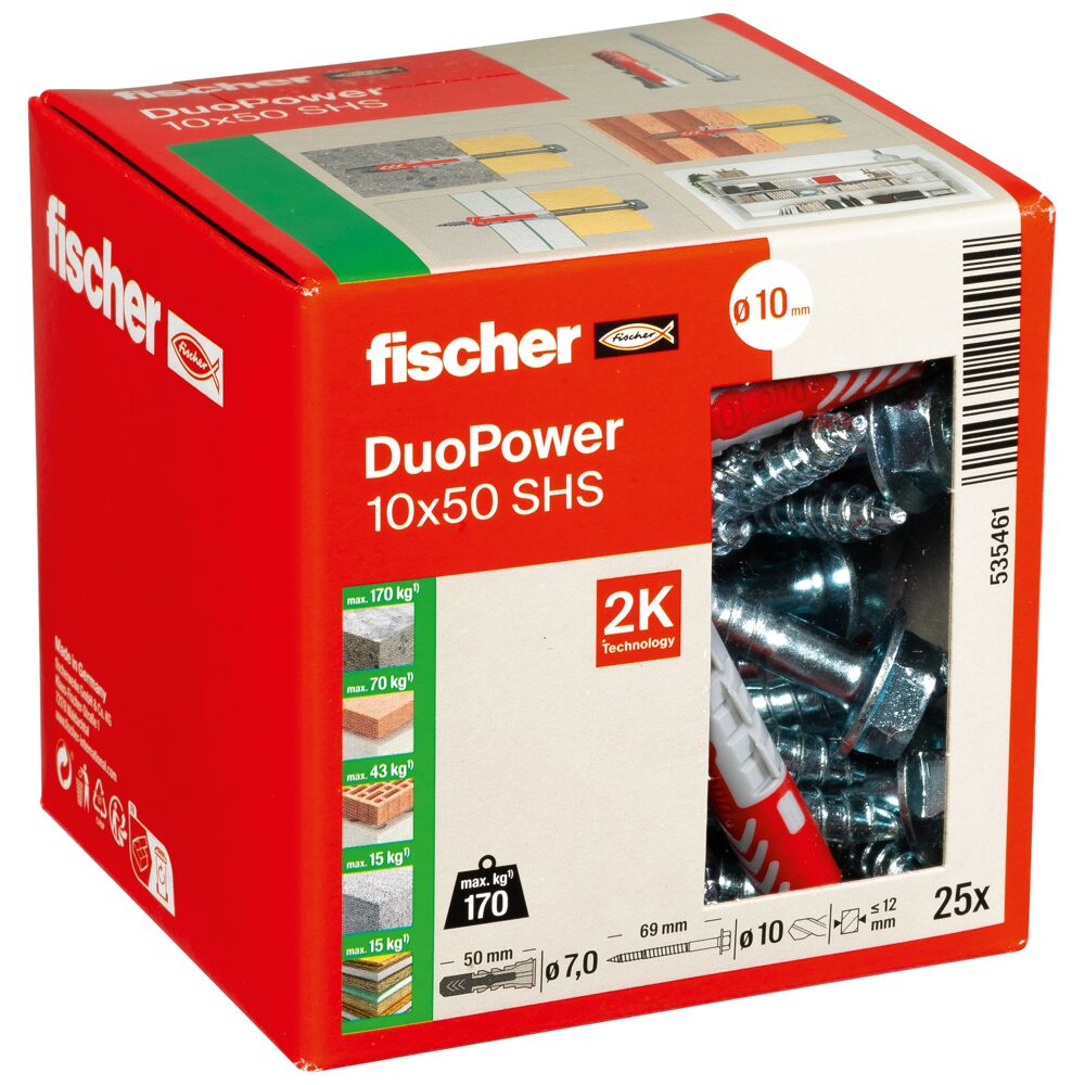 25 Dübel DuoPower 10 x 50 S mit Sicherheitsschraube